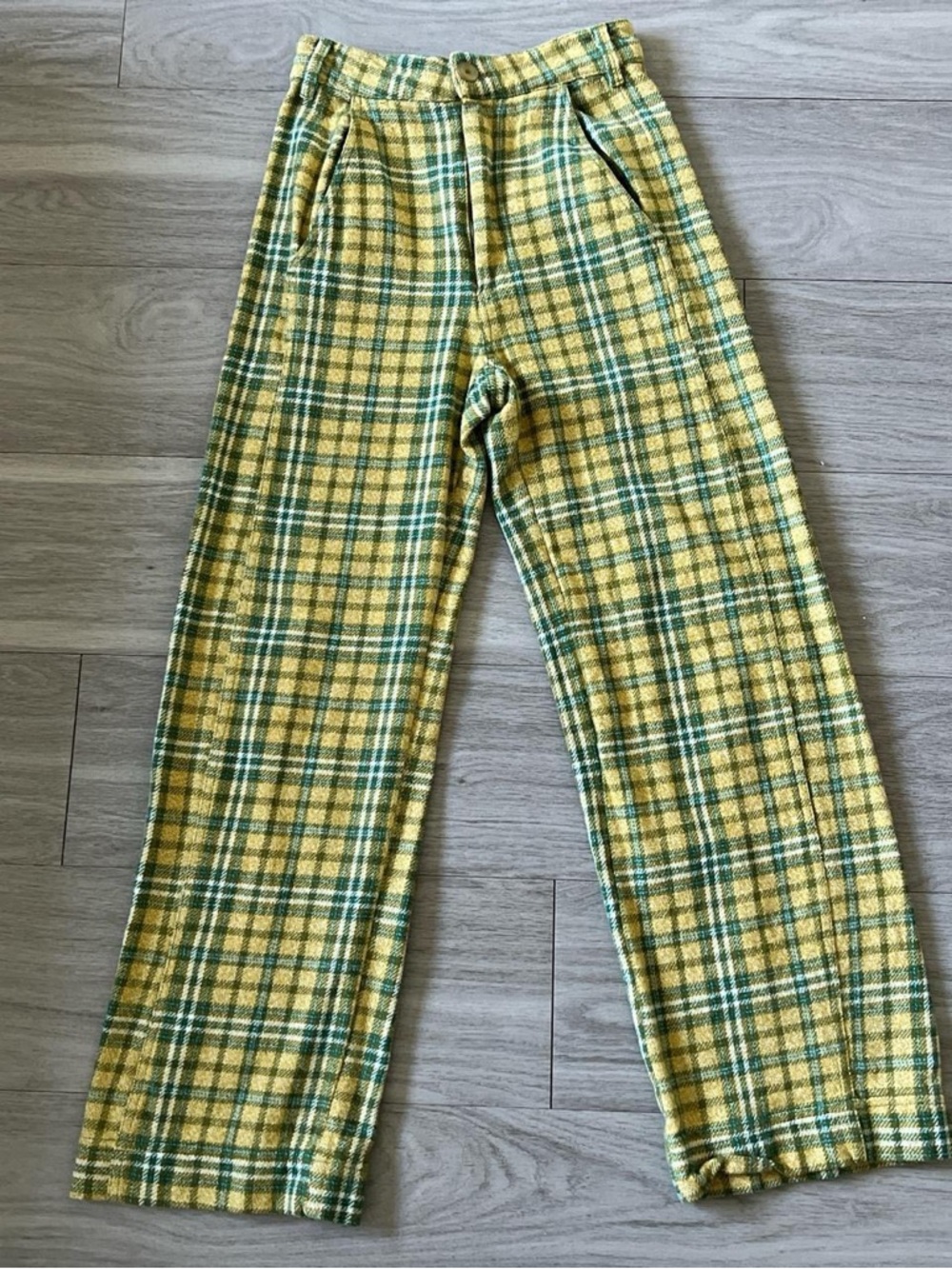 Free People Yellow and Green Plaid Ankle Jeans